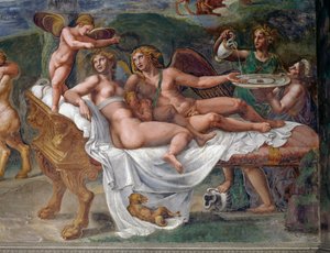Cupido y Psique con su hija Voluptas (Placer) acostados en la cama, detalle del Banquete de bodas o Banquete de los dioses, fresco de Giulio Romano (1499-1546), Palazzo Te, Mantua (Lista del Patrimonio Mundial de la UNESCO, 2008), Lombardía, Italia