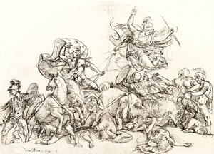 Diomedes, herido por Pándaro, es consolado por Palas Atenea de Giulio Romano