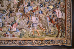 Tapiz flamenco. Serie Las Actas de Escipión: La batalla de Zama. Dibujante Giulio Romano. Atelier de Balthasar van Vlierden (?), Bruselas. 1523-1532. Detalle. de Giulio Romano