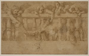 Cuatro putti alados decorando una balaustrada con guirnaldas de Giulio Romano