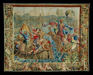 La Historia de Escipión: Llegada a África, sexta pieza del tapiz, lana y seda, tapiz ... de Giulio Romano
