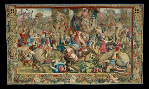 La Historia de Escipión: La Batalla de Zama la derrota de Hanibal, décima pieza del tapiz, lana y seda, tapiz ... de Giulio Romano