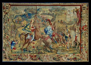 La Historia de Escipión: La batalla en la meseta, cuarta pieza del tapiz, lana y seda, tapiz ... de Giulio Romano