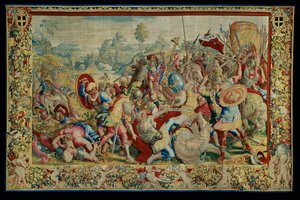 La Historia de Escipión: La Batalla del Tesino, primera pieza del tapiz, lana y seda, tapiz ... de Giulio Romano