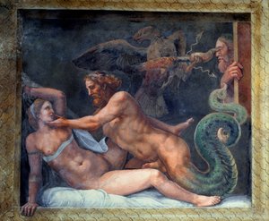 Olimpia es seducida por Júpiter, cuyo rayo es capturado por un águila que perfora el ojo del rey celoso de Macedonia, de la Sala di Amore e Psiche, 1528
