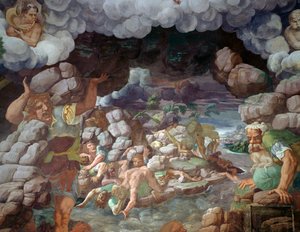 Gigantes rebeldes siendo golpeados por la caída de una montaña de Giulio Romano