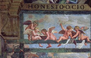 El Banquete Rústico, detalle de putti haciendo música, de la Sala de Amor y Psique (detalle) de Giulio Romano