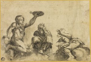 El Tiempo sentado en las nubes, flanqueado por otros dos ángeles de Giulio Romano