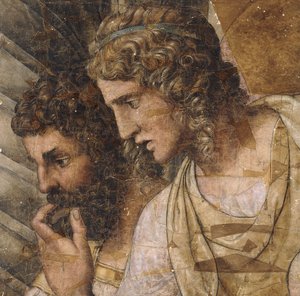 Dos hombres, busto, mirando hacia abajo: un dibujo para un tapiz de Giulio Romano