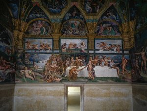 Banquete de bodas o Banquete de dioses, fresco de Giulio Romano (1499-1546), pared oeste de la Cámara de Cupido y Psique, Palazzo Te, Mantua (Lista del Patrimonio Mundial de la UNESCO, 2008), Lombardía, Italia