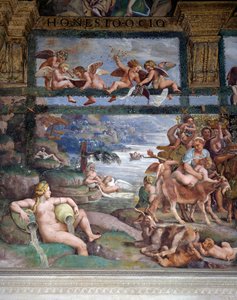 Banquete de bodas o Banquete de los dioses, fresco de Giulio Romano (1499-1546), pared oeste de la Cámara de Cupido y Psique, Palazzo Te, Mantua (Lista del Patrimonio Mundial de la UNESCO, 2008), Lombardía, Italia de Giulio Romano