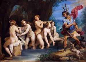 Diane et Acteon - Peinture de Giuseppe Cesari (1568-1640), huile sur cuivre, vers 1604, 50x69 cm - Diana y Actaeon, Óleo sobre cobre de Giuseppe Cesari - Szepmuveszeti Muzeum, Budapest, Hungría de Giuseppe Cesari