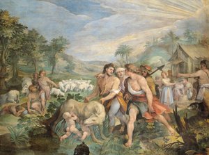 Rómulo y Remo, amamantados por la loba, encontrados por Faustulus en las orillas del Tíber, por Giuseppe Cesari (1568-1640), fresco, Sala de los Horacios y Curiacios, Palacio de los Conservatorios, Roma, Reino Romano, Italia