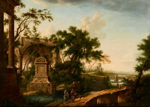 Un paisaje clásico con figuras junto a las ruinas (óleo sobre lienzo)