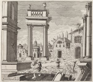 Fantasía arquitectónica con ruinas clásicas y edificios vernáculos de Giuseppe Antonio Landi