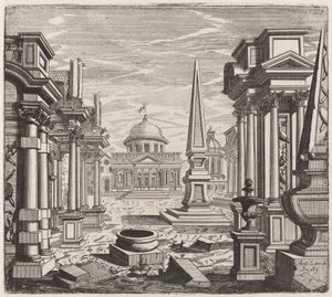 Fantasía arquitectónica con obeliscos, ruinas y una plaza de Giuseppe Antonio Landi