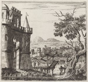 Paisaje con un castillo y un puente levadizo de Giuseppe Antonio Landi