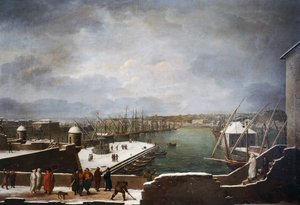 Vista del puerto de Génova en la nieve de Giuseppe Bacigalupo