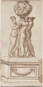 Pedestal con figuras femeninas sosteniendo un jarrón