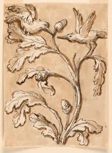 Dos pájaros en follaje con vainas de semillas de Giuseppe Barberi