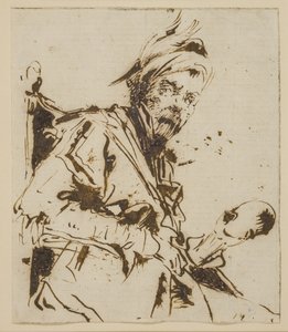 Hombre medio sentado en una silla con un sombrero emplumado y sosteniendo un cráneo(?) en su mano izquierda de Giuseppe Bernardino Bison