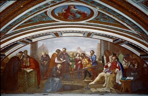 Galileo Galilei (1564-1642) demuestra la ley sobre la caída y la gravedad. Galilei demuestra la experiencia con un plano inclinado durante una conferencia pública en Pisa. Pintura de Giuseppe Bezzuoli (1784-1855)
