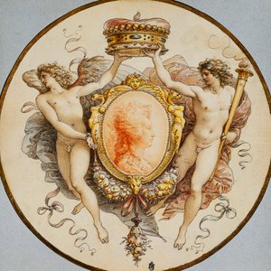Un Retrato Oval de una Mujer de Perfil con un Borde Decorativo de Grotescos y Guirnaldas, con Figuras Alegóricas de la Fama y la Victoria Sosteniendo una Corona de Giuseppe Cades