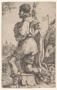 San Roque, arrodillado en una piedra, visto de lado con su perro detrás de él..., 1620-30