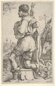 San Roque, arrodillado en una piedra, visto de lado con su perro detrás de él y una ciudad, 1620-30 de Giuseppe Caletti