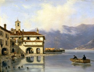 Como. Orilla y puerto de Menaggio (1850). Pintura de Canella. Menaggio (Como)
