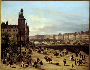 Vista del Paseo de las Flores, Torre del Reloj, Pont au Change y Pont-Neuf en París de Giuseppe Canella