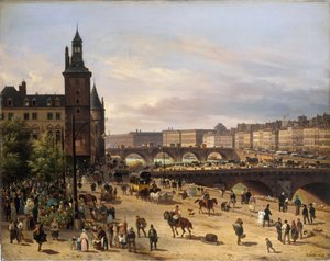 El mercado de flores, la Torre del Reloj, el Puente au Change y el Puente Nuevo, 1832 de Giuseppe Canella the Elder