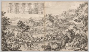 Atacando el Campamento en Gatan Ola: de Escenas de Batalla de la Supresión de Rebeliones..., c. 1765-1774 de Giuseppe Castiglione
