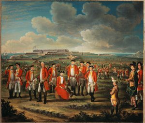 Lady Louisa Lennox con el regimiento de su esposo, 25º Regimiento de Infantería, con Lord George Lennox a su lado, y el Fuerte St Philip, Port Mahon, al fondo, c.1771