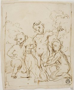Tres putti y un perro en un paisaje