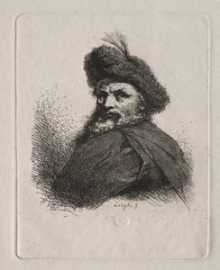 Busto de un hombre con gorro de piel