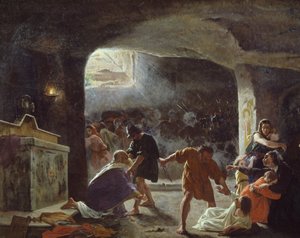Primeros cristianos muertos en las catacumbas, cuadro de Giuseppe Mancinelli (1813-1875)