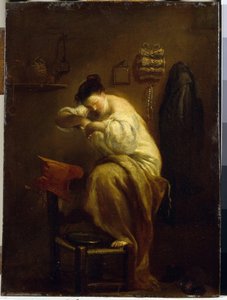 Mujer buscando pulgas. (Mujer buscando pulgas). Pintura de Giuseppe Maria Crespi (1665-1747), óleo sobre lienzo, hacia 1710. Arte italiano (Bolonia) de Giuseppe Maria Crespi