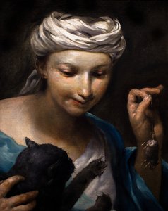 Niña jugando con un gato y un ratón muerto (detalle)