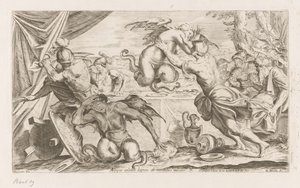 Eneas y sus compañeros luchan contra las Arpías. Arpijae celebri lapsu de montibus adsunt (título sobre objeto) Andanzas de Eneas (título de la serie) L