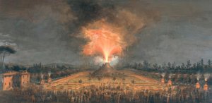 Fiesta nocturna con volcán en erupción en las Cascine de Florencia en honor al Gran Duque Fernando III