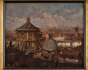 Las cúpulas de la iglesia de San Sebastián de Milán (óleo sobre tabla) de Giuseppe Mentessi