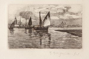 Barcos en la laguna (grabado sobre papel blanco) de Giuseppe Miti Zanetti