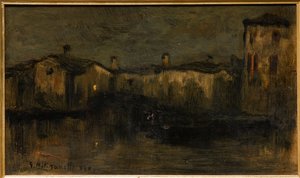 Paisaje con casas (óleo sobre cartón) de Giuseppe Miti Zanetti