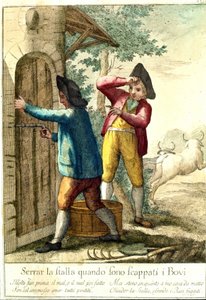 "No tiene sentido cerrar el establo cuando los caballos se han escapado." Grabado del siglo XVIII ilustrando una serie de proverbios. Giuseppe Piattoli (1740/50-1818) de Giuseppe Piattoli