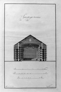 Corte arquitectónica del Teatro de La Scala por Giuseppe Piermarini (1734-1808) alrededor de 1776-1778 Milán, Italia (Dibujo arquitectónico en corte del teatro alla Scala por Piermarini, Milán, Italia) Grabado
