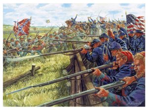 Guerra Civil Americana: batalla entre los grises (a la izquierda soldados de la confederación) y los azules (soldados de la Unión) y los azules (soldados de la Unión) - Ilustración de Giuseppe Rava de Giuseppe Rava