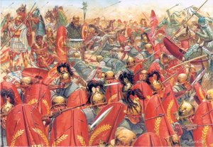 Antigua Roma: la batalla de Carrhes (o Charan) derrota a las legiones romanas al mando del general Craso, por los partos dirigidos por el general Surena el 9 de junio. de Giuseppe Rava