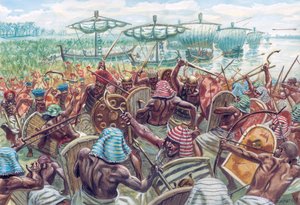 Antiguo egipto: la Batalla del Delta fue una batalla marítima entre Egipto y los Pueblos del Mar, hacia 1175 a.C., cuando el faraón egipcio Ramsés III rechazó una gran invasión marítima - Ilustración de Giuseppe Rava de Giuseppe Rava