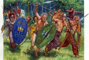 Antiquite: la carga de los guerreros galos, a la izquierda en un punto - Guerreros galos cargando, uno de ellos a la izquierda lleva una cota de malla - Ilustración de Giuseppe Rava